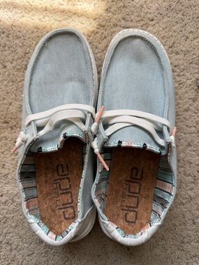 Hey Dude Womens Slip-On Sneakers in Light Blue with Patterned Trim